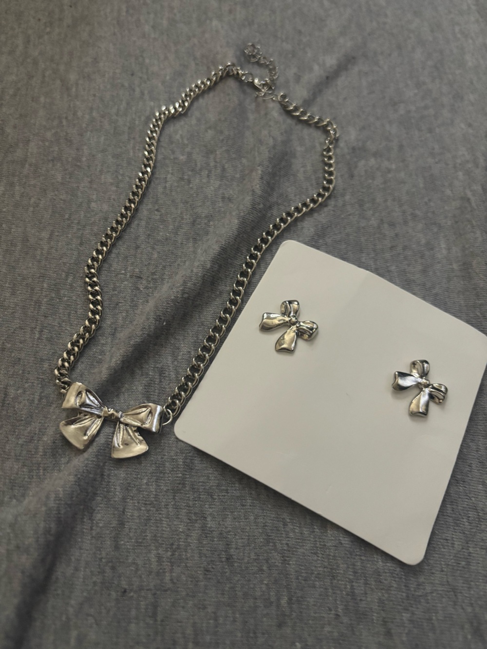 Silver Bow Necklace and Stud Earring Set - Silver